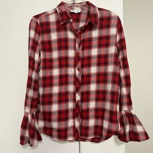 Beachlunchlounge red plaid button down casual blouse with ruffled sleeves Sz S